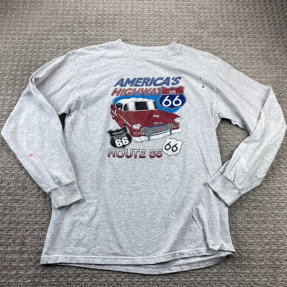 Vintage Shirt Route 66 Distressed Men L Gray Long Sleeve TULTEX Americas Highway